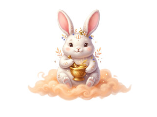 Obraz premium Cute folklore white rabbit compounding medicine on a soft cloud