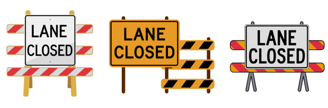 Flat vector illustration showing three distinct road construction signs with text on transparent background