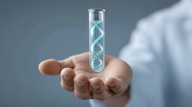 Human hand holding transparent glass test tube with glowing blue DNA double helix strand inside microscale genetic science medical concept