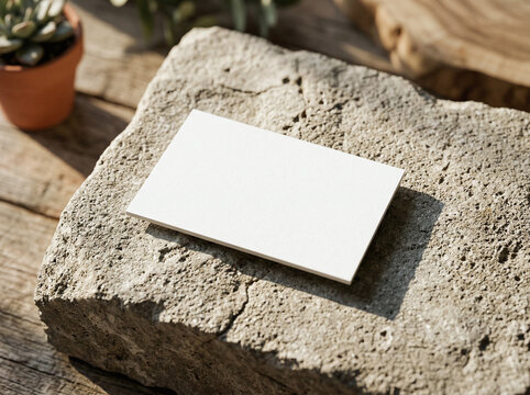 Blank white rectangular business card with grey stone texture and rough succulent plant, perfect for showcasing elegant branding designs.
