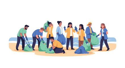 Obraz premium People participate in a marine day cleanup on a sunny beach with waves, collecting trash in green bags on a warm day.