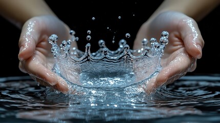 Fototapeta premium Liquid droplet crown formation captured between cupped hands showing water splash impact with transparent crown structure clear droplets realistic skin texture macro photography
