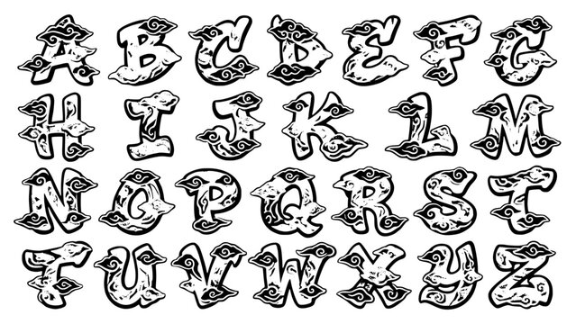 Stylized alphabet set with traditional oriental cloud patterns
