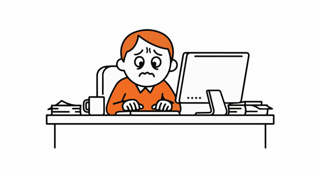 Frustrated cartoon character working on laptop computer.