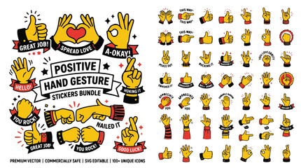 Obraz premium Positive hand gesture stickers bundle, set of 100+ unique icons in yellow and red, retro comic style finger signs and palm symbols vector