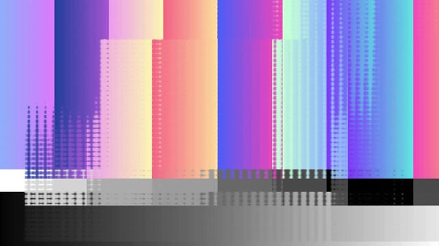 Vibrant abstract digital interference pattern featuring colorful geometric blocks, pixelated noise, and gradient transitions, evoking a modern glitch aesthetic