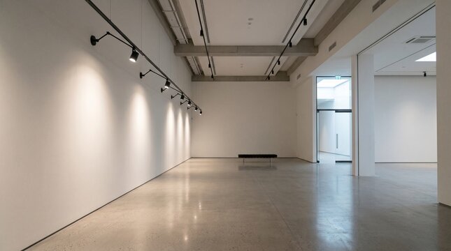 Empty modern exhibition hall with polished concrete floor, white walls and track lighting for art gallery space