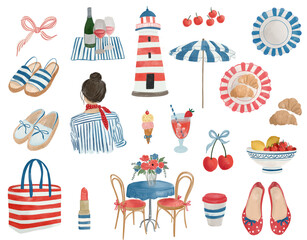 Watercolor French Riviera clipart set coastal illustrations, umbrellas, lighthouse, cherries, beach accessories, Mediterranean summer motifs. Perfect for travel invitations, branding, stationery. © sudevi