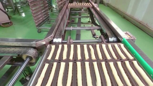 Automated bakery conveyor line with raw cookie dough trays in food factory