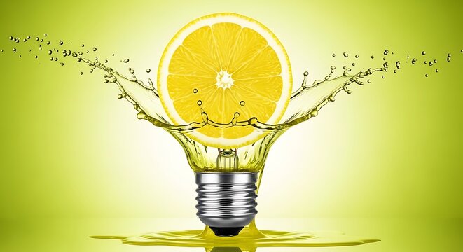 Fresh lemon splash with water droplets on light bulb concept for bright ideas and energy efficiency