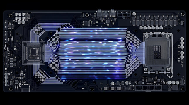 Circuit board architecture showcases a stream of glowing blue energy pulses moving across a high-density electronic interface to represent rapid data transfer in modern communication networks.