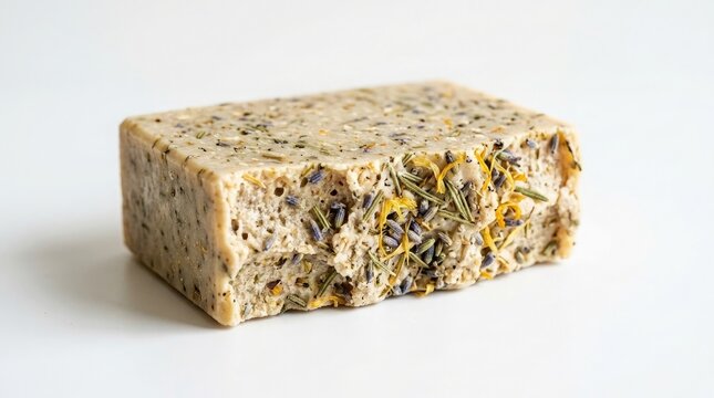 Handmade herbal soap with dried flowers, a natural and organic cleansing bar for skin care, offering a gentle and aromatic bathing experience with botanical ingredients