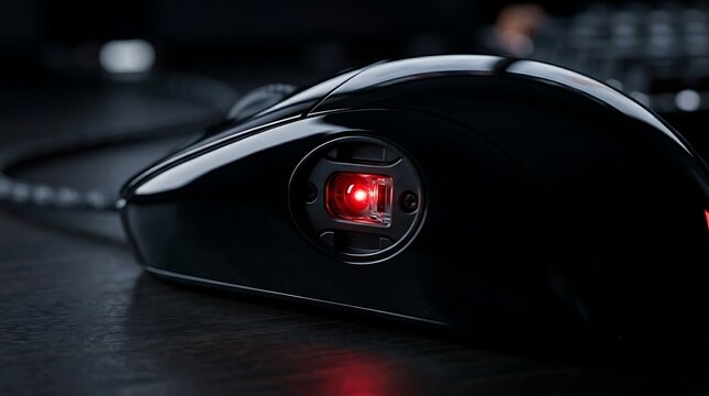 Close up of a sleek black gaming mouse with a glowing red optical sensor on a dark textured surface, highlighting its advanced technology and precision for gamers.