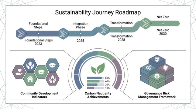 Sustainability Journey Roadmap Infographic with Community Development, Carbon Neutrality, and Governance Framework.