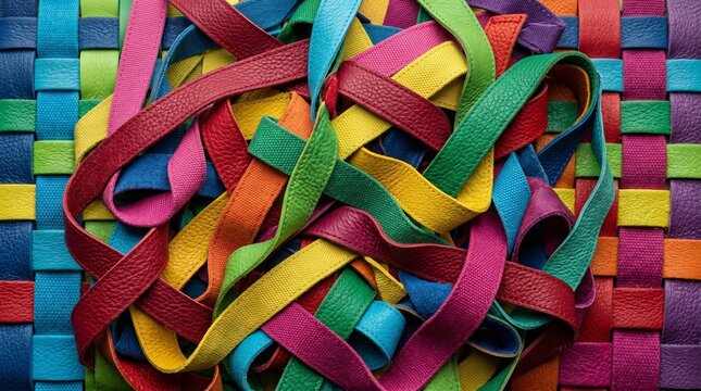 Colorful woven leather strips in vibrant hues and textures