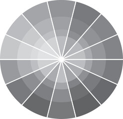Fototapeta premium Monochrome grey tone color wheel illustration with radial segments and concentric gradient shades displaying value