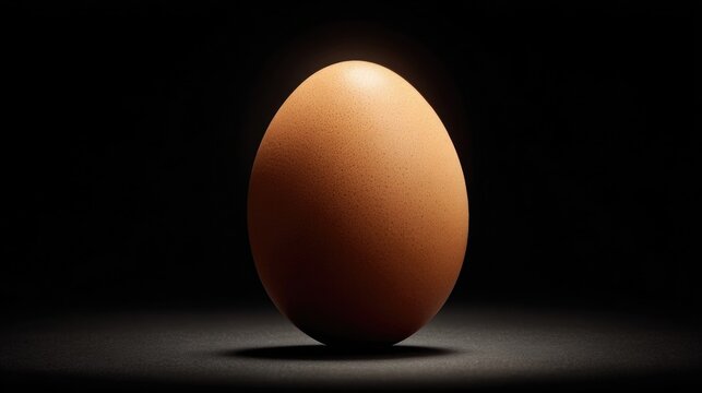 Single brown egg with dramatic lighting on a dark background representing concepts of origin food and simplicity