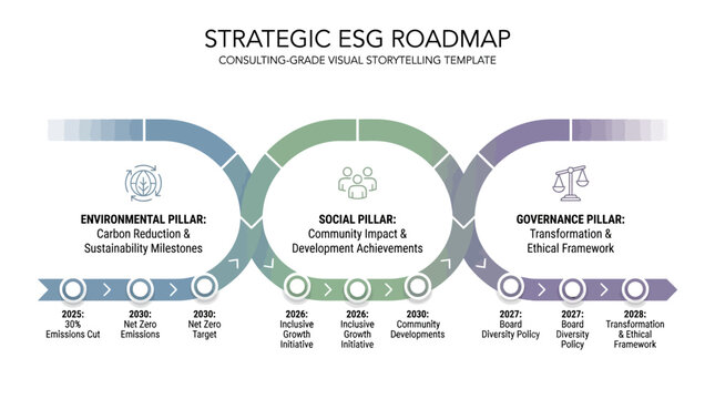 A strategic ESG roadmap template illustrating environmental, social, and governance pillars with specific milestones and timelines for corporate sustainability.