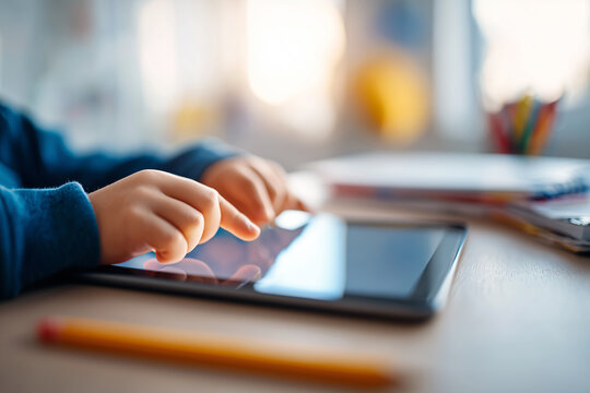 A close-up of a child&rsquo;s hand using a tablet on a desk, with soft light colors and a cozy atmosphere, reflecting everyday life with digital devices.