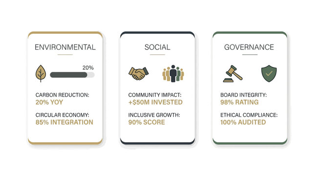 Three cards illustrating key ESG metrics for environmental, social, and governance performance, detailing carbon reduction, community investment, and ethical compliance.