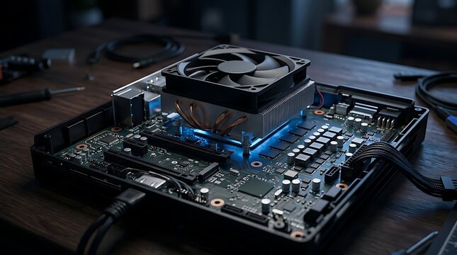 Close up of a powerful computer motherboard with a cooling fan actively dissipating heat, showcasing intricate circuitry and electronic components on a wooden desk.