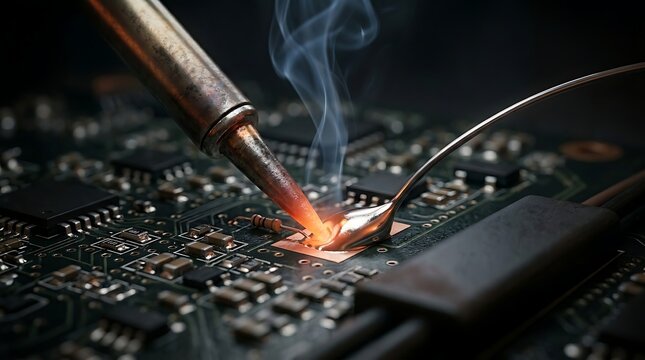 Close-up of a soldering iron heating a circuit board with smoke rising, symbolizing electronics repair and technological innovation.