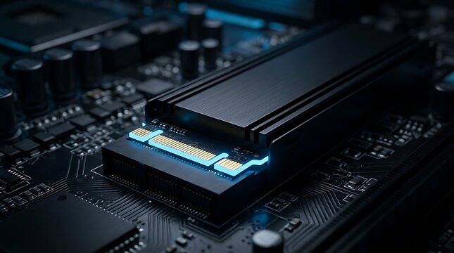High speed NVMe SSD storage device installed on a computer motherboard with glowing blue LED lights
