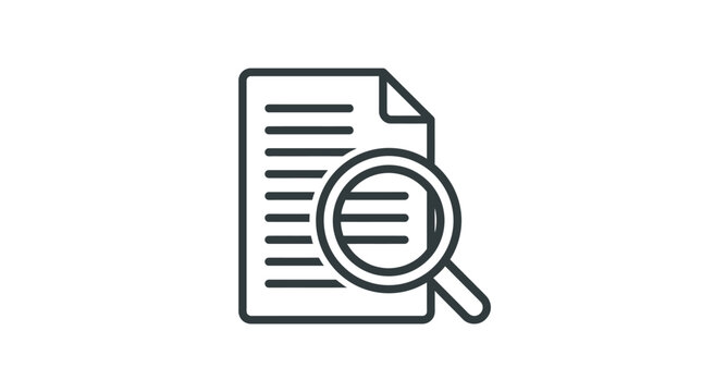 Minimalist black outline icon of a magnifying glass positioned over a document for digital inspection