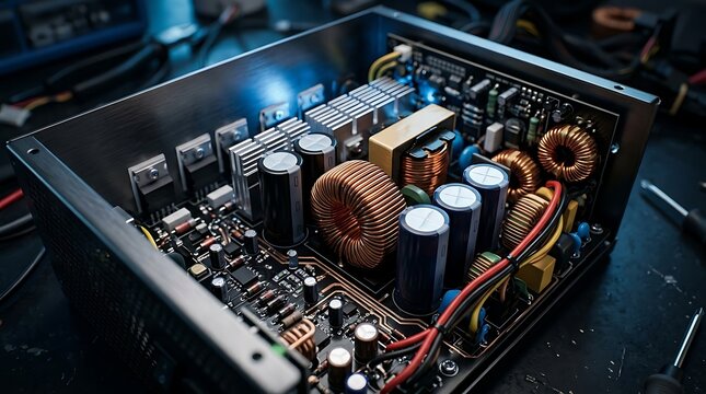 inside view of a computer power supply unit with copper coils and capacitors on a dark background