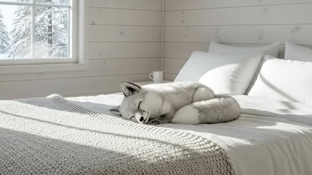 Cute Arctic Fox Sleeping Peacefully on a Cozy Bed in a Bright Room.