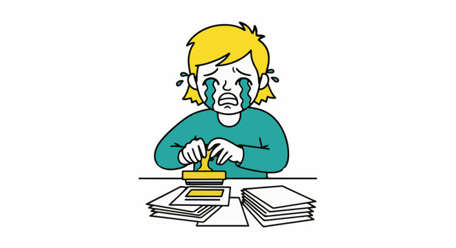 Frustrated student overwhelmed by piles of homework books.