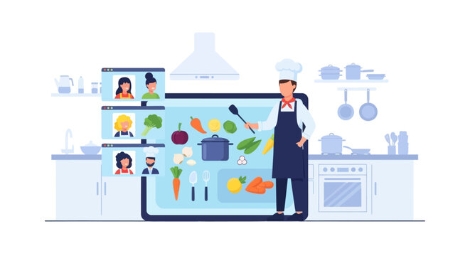 Professional Chef Teaches Online Cooking Class to Students Virtually.