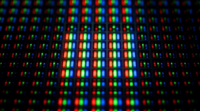 Close up of LED screen pixels displaying vibrant red green and blue colors in a grid pattern abstract technology background