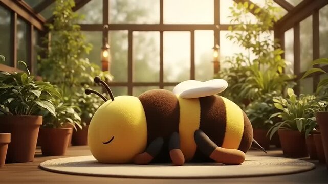 Cute Bee Plush Toy Sleeping Peacefully in a Sunlit Greenhouse Surrounded by Lush Green Plants.