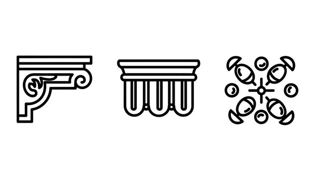 Set of architectural and decorative detail icons featuring ornate bracket corbel fluted column structure symmetrical quatrefoil medallion architecture ornament interior decoration medallion