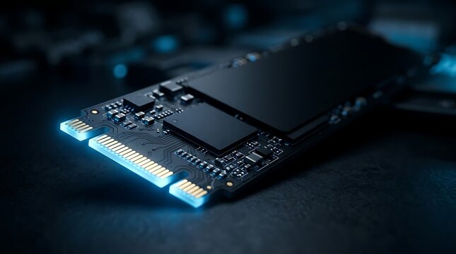 Futuristic M.2 NVMe SSD storage drive with glowing blue light on a dark background, representing fast data transfer and modern computer technology