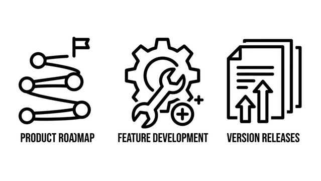 Product roadmap feature development and version releases icons with development planning strategy software management engineering document business milestone timeline innovation technical