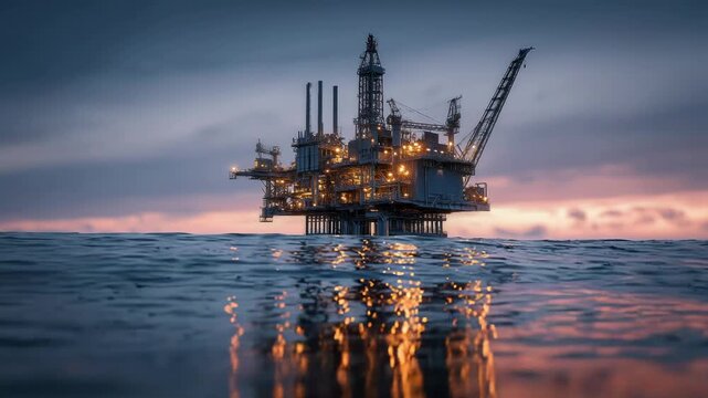 Modern offshore oil drilling platform illuminated at dusk over calm open sea with colorful sunset sky