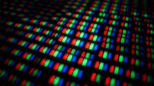 Macro view of a digital screen displaying vibrant red green and blue pixels creating a colorful abstract pattern a close up of display technology