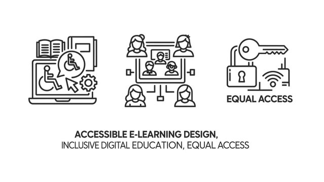 Inclusive e-learning and equal digital access icons with accessibility education inclusive learning disability security training technology diversity equality computer connection interface