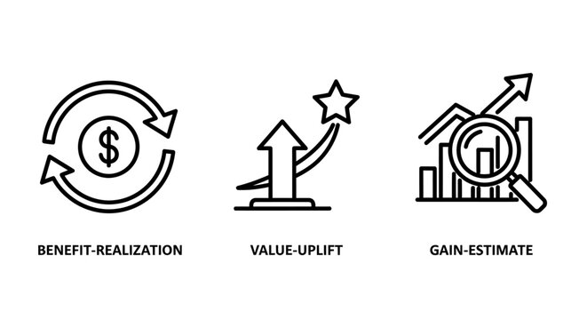 Business financial growth and analytics line icon set representing benefit realization value uplift and gain estimate with analytics business investment analysis marketing performance currency