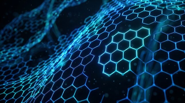 Abstract glowing blue hexagonal structure grid in cyberspace with glowing particles moving in flowing waves representing digital network and nanotechnology
