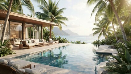Fototapeta premium Modern villa lounging area overlooking tropical ocean pool