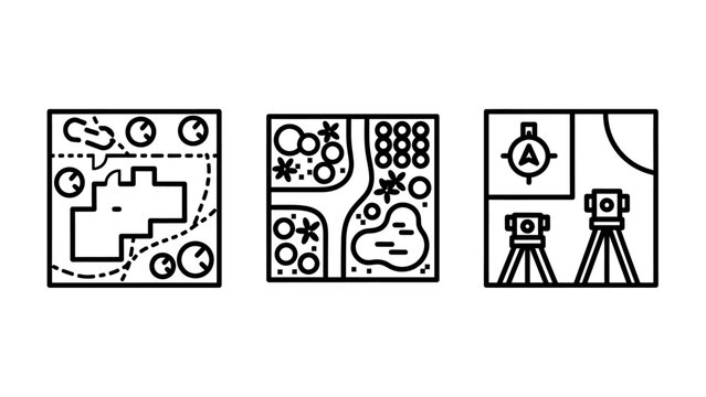 Land surveying plot planning landscape design icons set with surveying landscape planning architecture topography measurement engineering construction geomatics boundary property blueprint