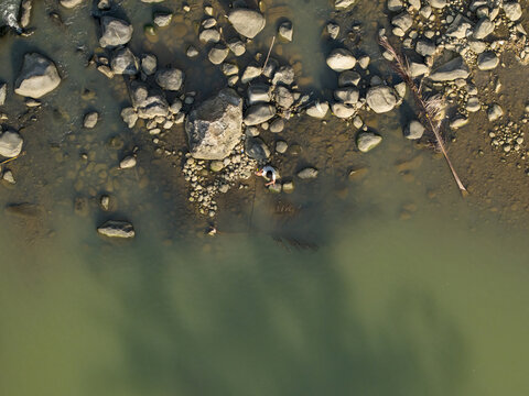 Aerial view of a person standing on a rocky riverbank by murky green water with scattered stones and shadows in Kecamatan Slawi, Jawa Tengah, Indonesia.