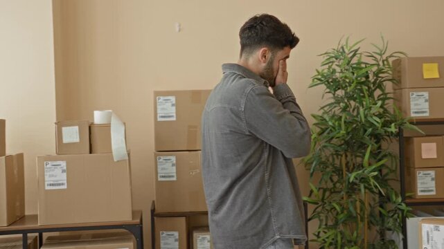 Man touches chin while inspecting stacked packages, labeled parcels and a laptop on shelving in a small business packing building; quiet concern.