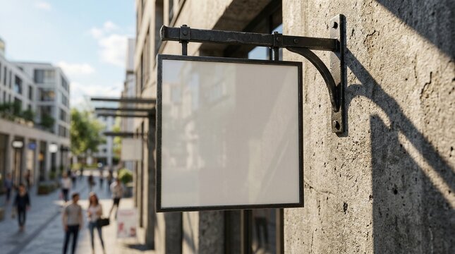 Mockup of a metal shop sign on a stone wall background, suitable for showcasing business branding and signage design concepts. Perfect for urban and rustic themes.