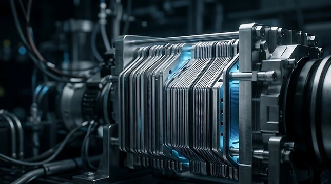 Advanced technology fuel cell stack with blue glowing energy and complex wiring in industrial setting