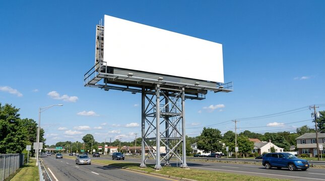 Empty metal billboard on steel structure against blue sky and green trees. Suitable for outdoor advertising mockups or naturethemed designs.