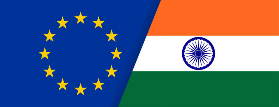 欧州旗とインド国旗のコンビネーションデザイン 国際交流イラスト素材　European Union and India Flag Combination International Illustration Design
